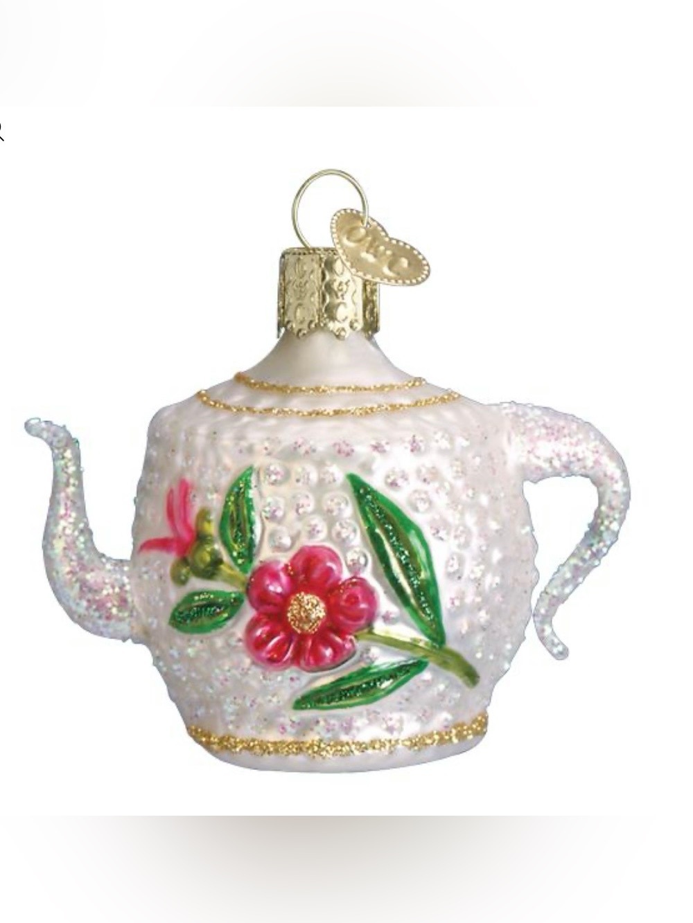 Fancy Teapot Glass Ornament with Pink Flowers Green Leaves Sparkle Christmas